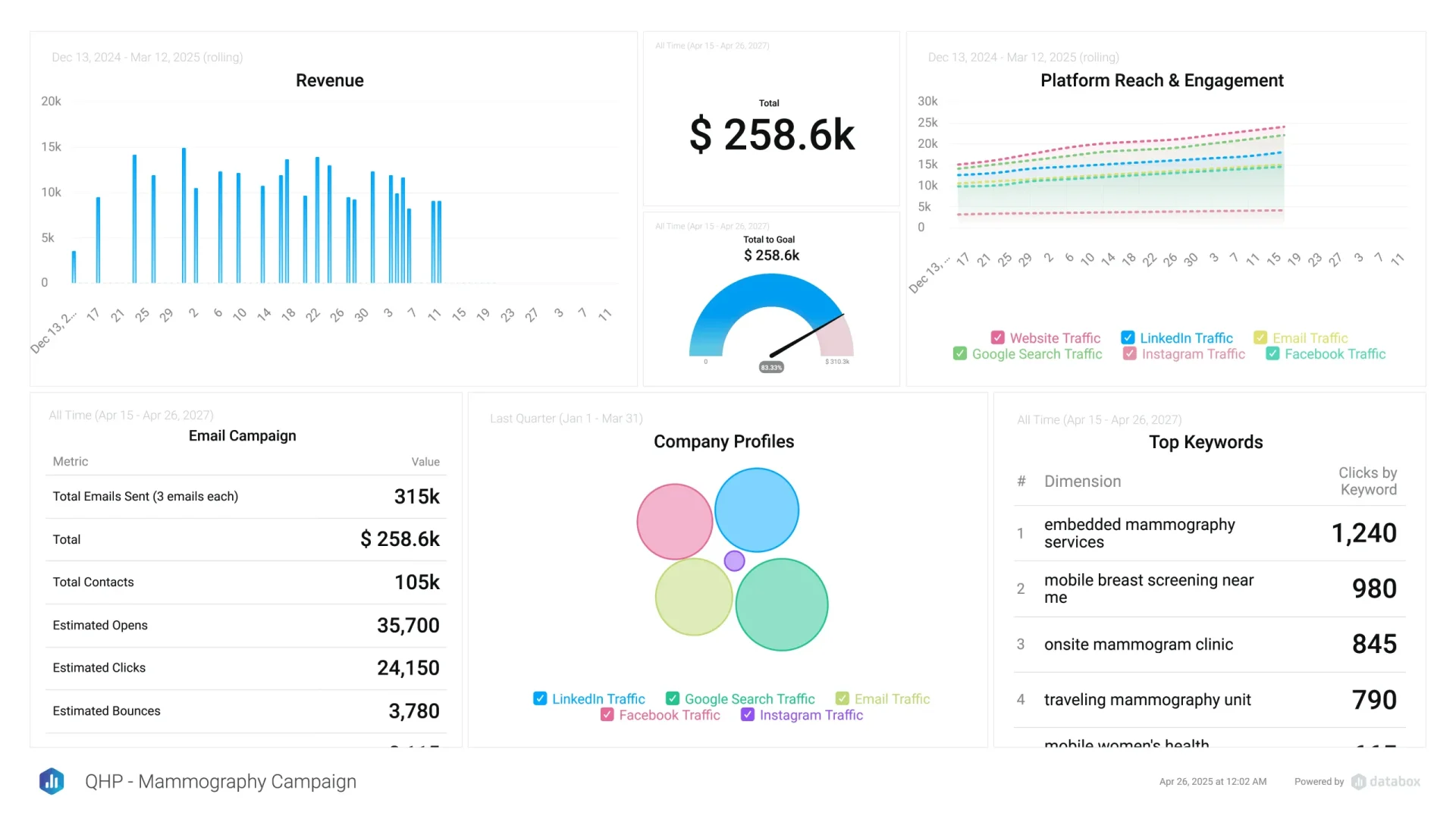A detailed screenshot of a marketing dashboard featured on Florentino Castellanos' marketing portfolio website